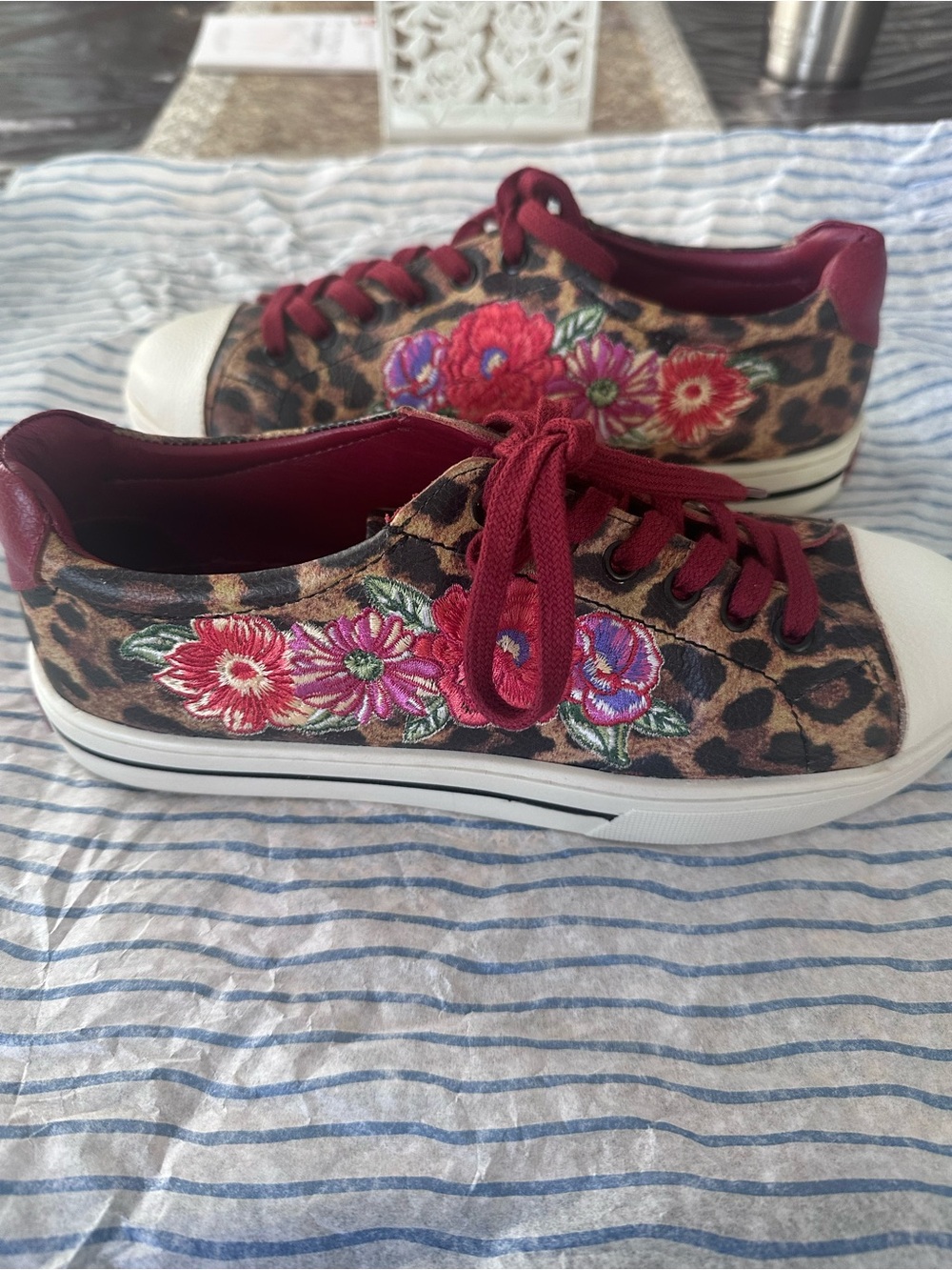 Brighton Leopard Print Sneakers with Floral Embroidery and Burgundy Accents
